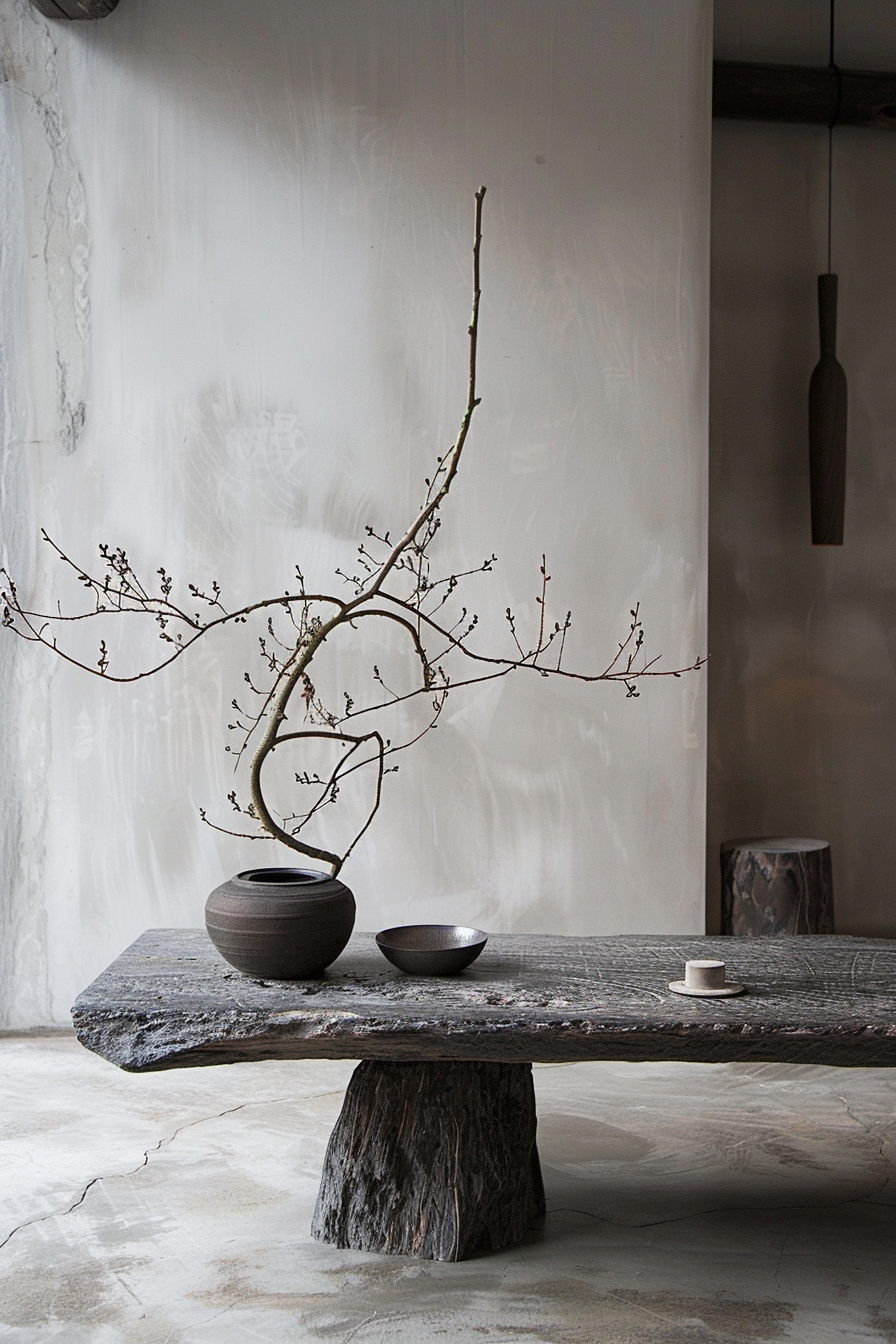 A rustic wooden table with a textured surface displaying a vase with a single twisted branch and two small bowls, against a white wall.