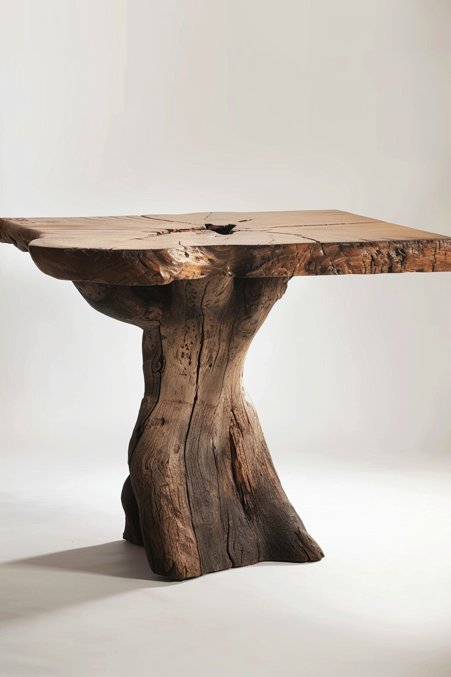 ALT: A rustic wooden table with a natural, uneven edge and a thick, trunk-like base set against a light, neutral background.