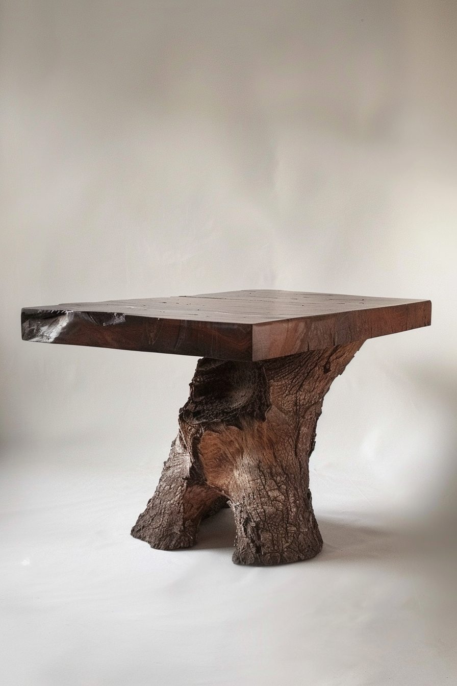 Wooden table with a flat, polished top and rugged tree trunk base, on a neutral background.