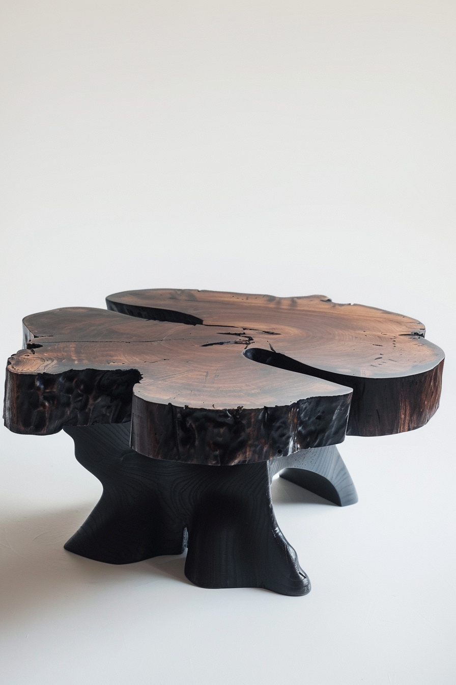 A unique wooden table with irregular edges and a polished finish on sculpted black legs.