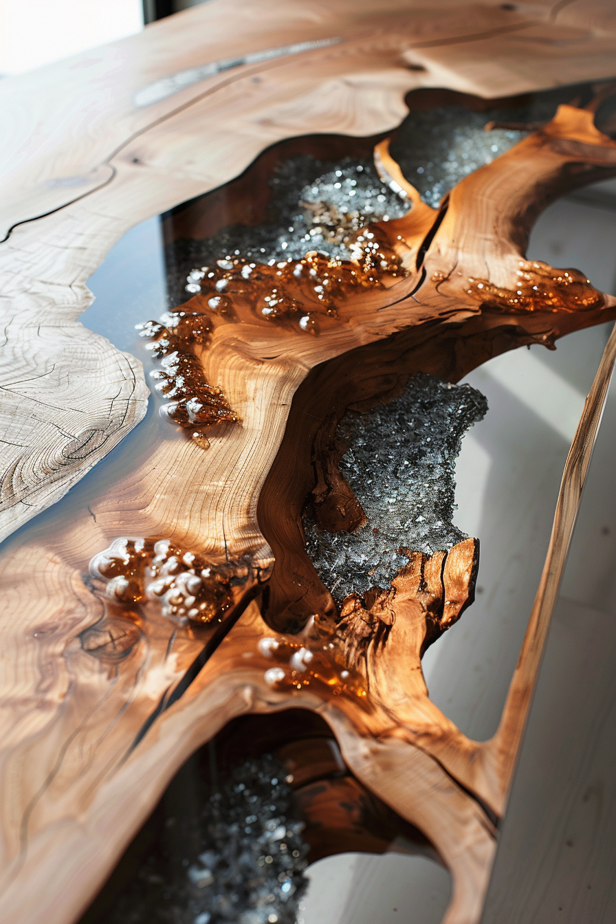 A close-up of a wooden table with resin inlays mimicking a river, showing intricate wood grain details and sparkling resin bubbles.