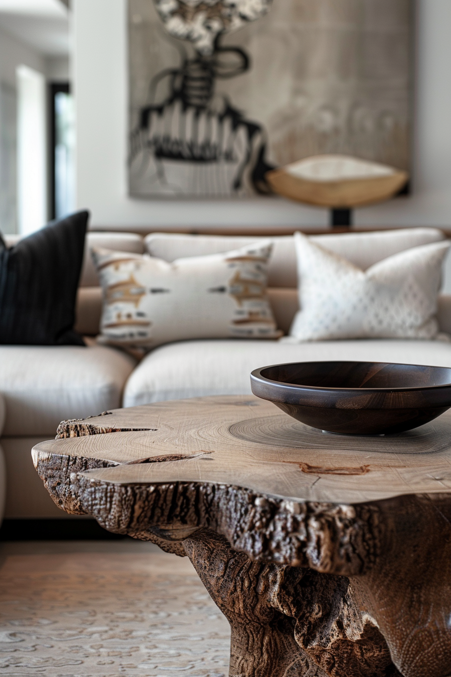 A rustic wooden coffee table with a dark wooden bowl on it, in a living room with a modern couch and abstract art.