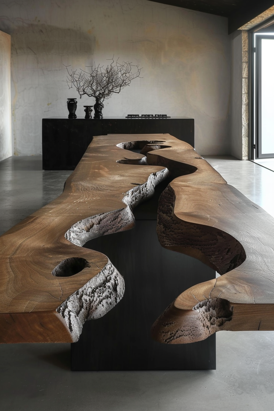 A unique wooden table with irregular edges and carved areas, set in a minimalist room with a dark sideboard and dried tree branches.