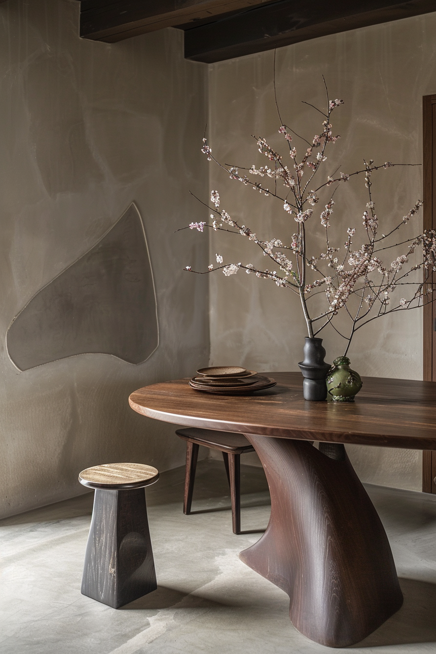 Elegant dining space with a wooden table, minimalist stools, plates, a vase with cherry blossoms, and a unique wall sculpture.