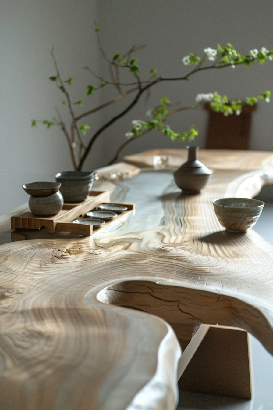 A wooden table with unique natural edges displaying stoneware cups, bowls, and a tea setting, highlighted by soft natural light.