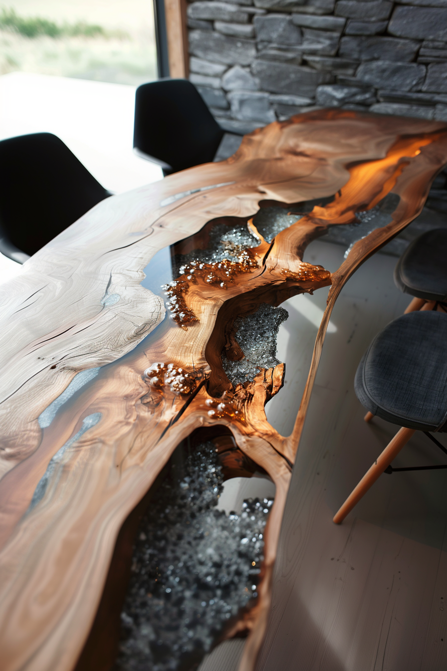 An artistic wooden table with a unique resin design, accompanied by modern chairs against a stone wall backdrop.