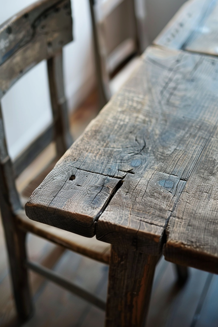 Close-up of a weathered wooden bench with visible grain and textures, next to a metal-framed chair.