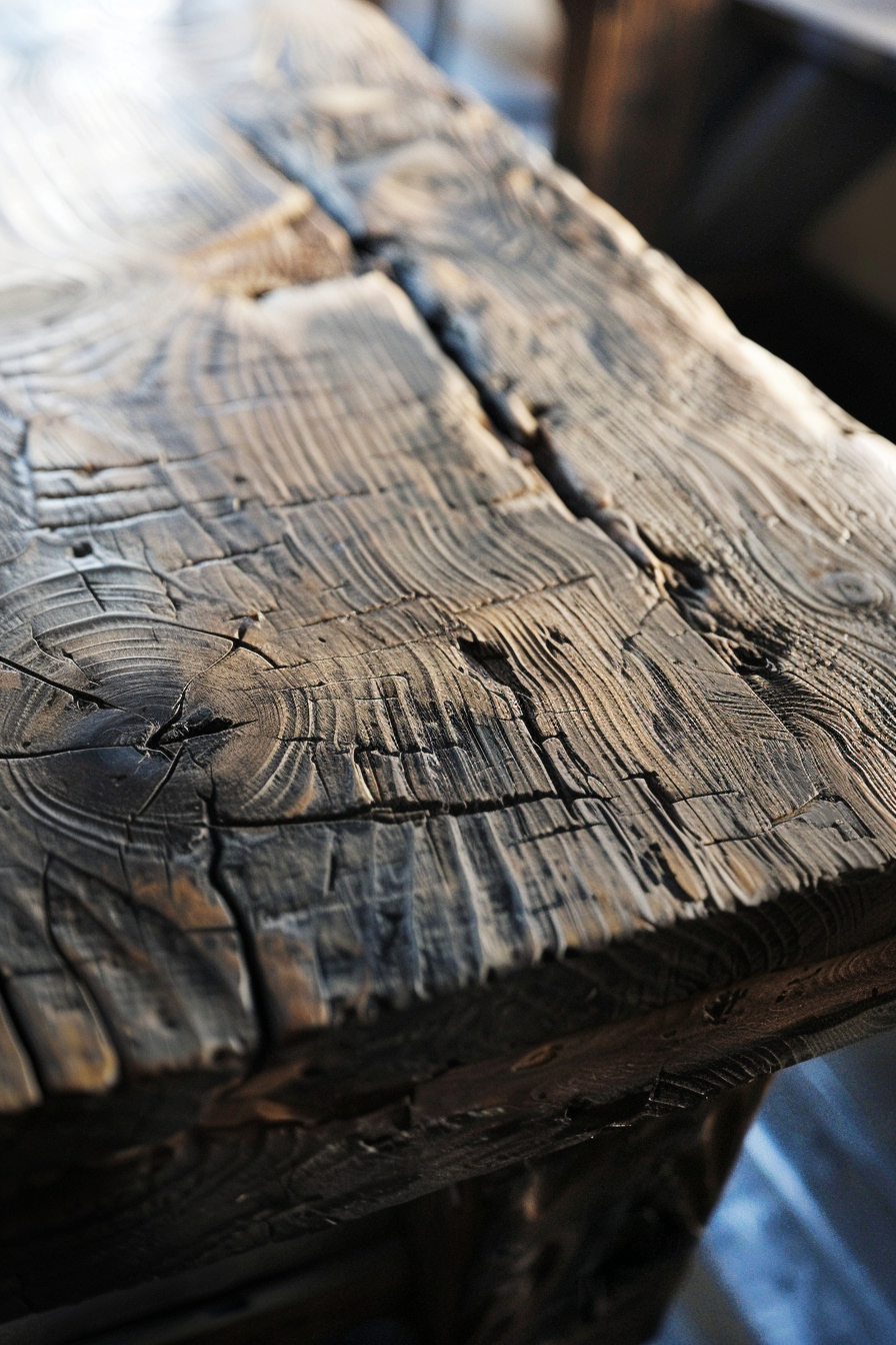 Close-up of a textured, aged wooden tabletop with prominent grain and cracks, emphasizing natural patterns.