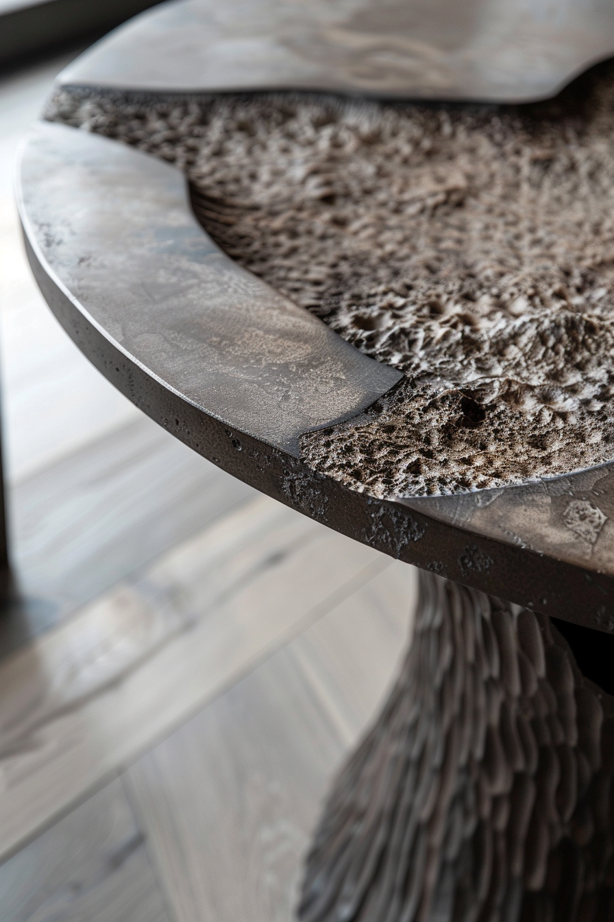 Close-up of a textured modern table with a metallic surface and sculpted base, emphasizing its intricate design details.