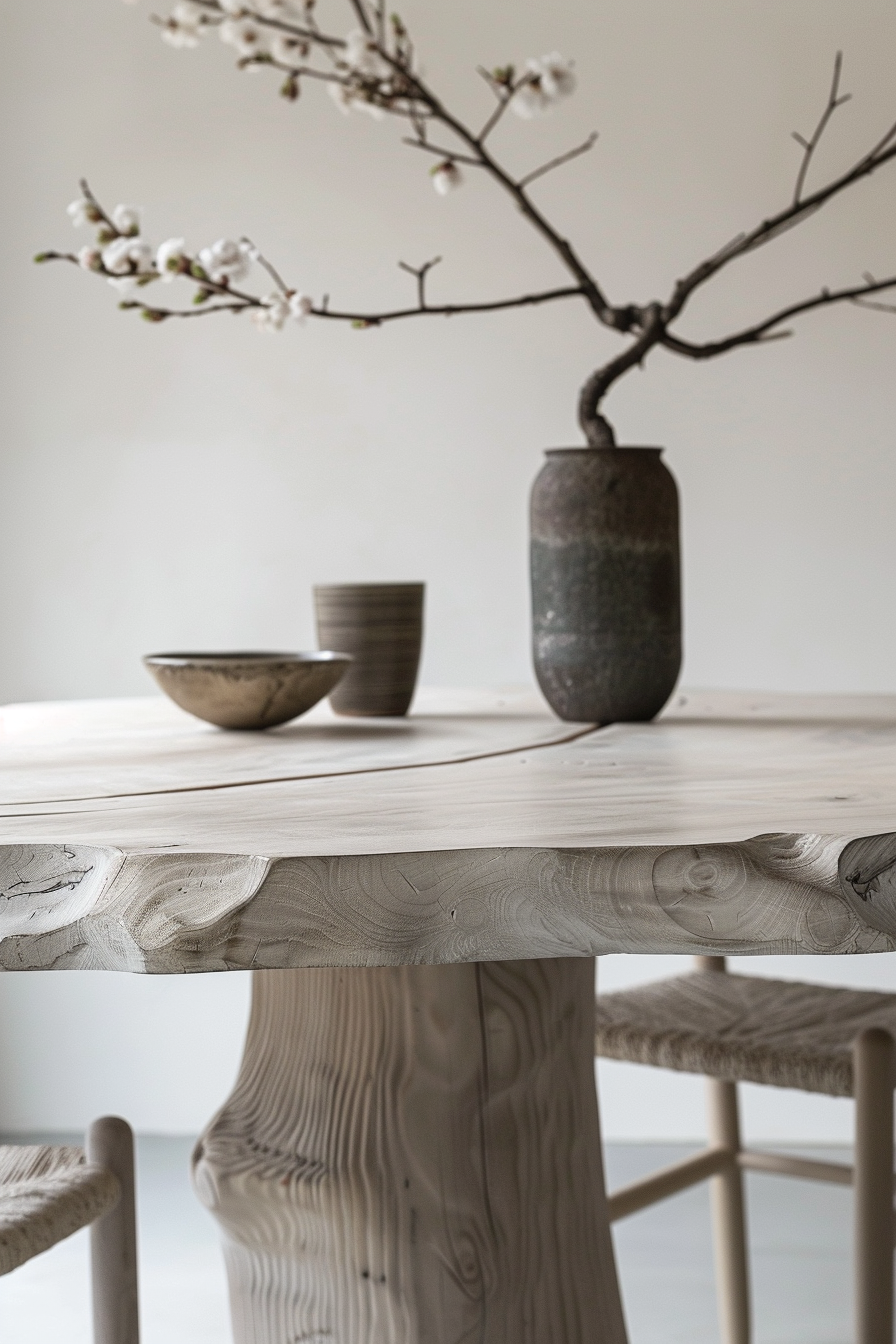 A minimalist dining room with a wooden table displaying a textured vase with blossoming branches and two ceramic bowls.