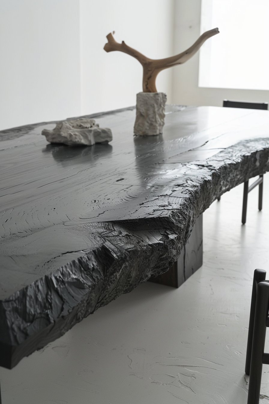 A modern black textured table with a stone and a branching wooden sculpture in a white room.