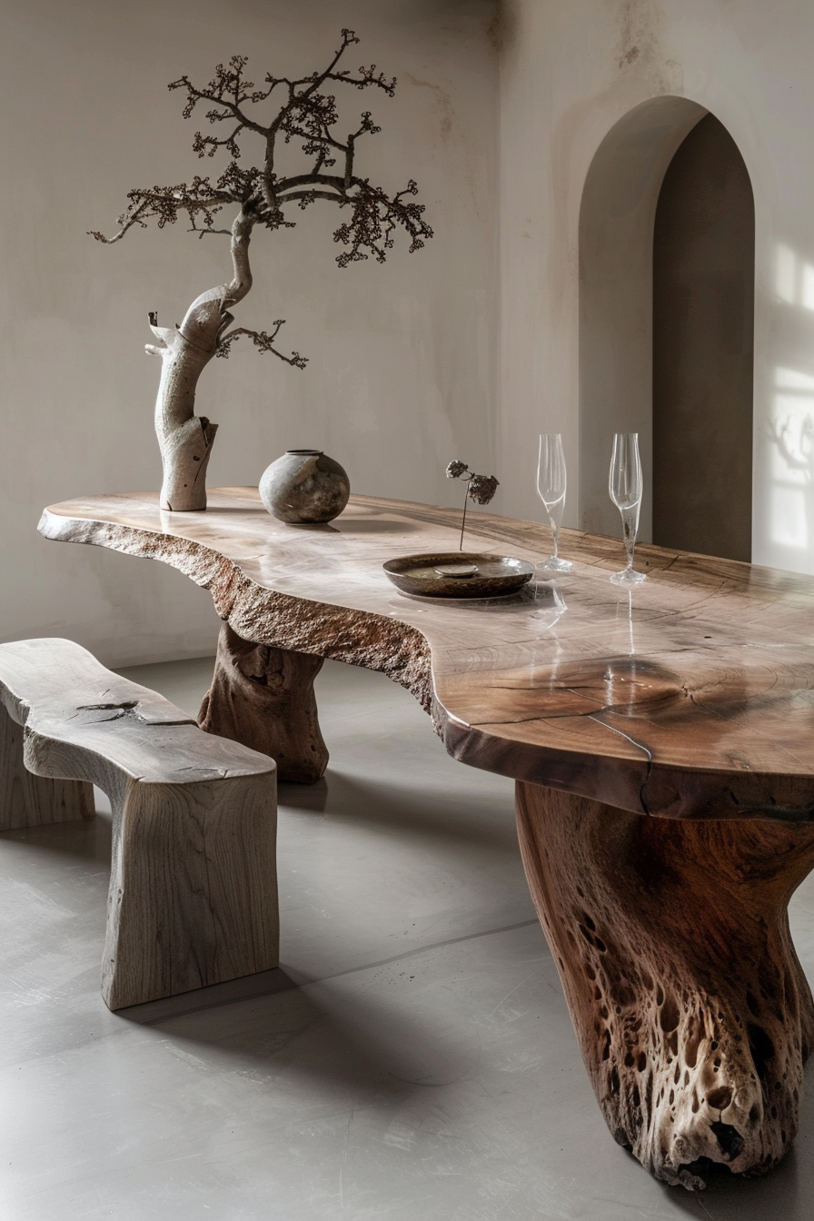 Rustic wooden table with natural edges, flanked by matching benches, set in a minimalist room with an arched alcove. Decor includes a dried tree branch.