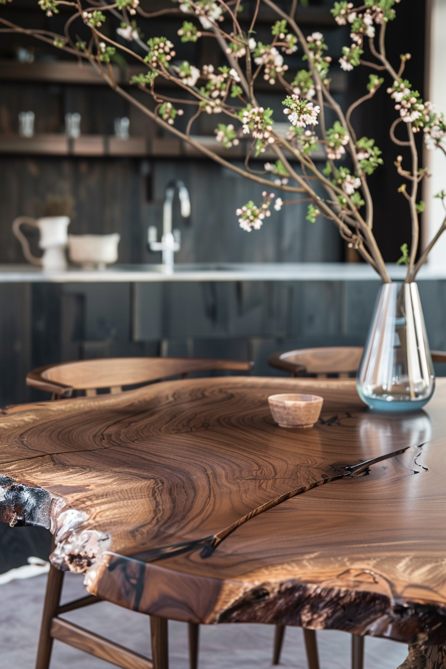 A wooden dining table with live edges, a clear vase with blossoming branches, and a small bowl, with a kitchen shelf in the background.