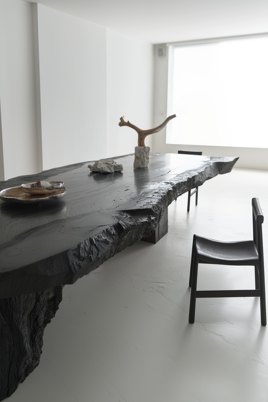 A modern dining room with a large, dark textured table and a single black chair, adorned with a rustic centerpiece.