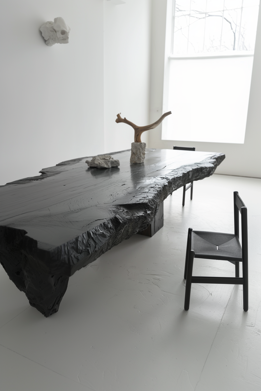 A minimalist room with a textured black table and a single chair, with a sculpture on the wall and a tree branch on the table.
