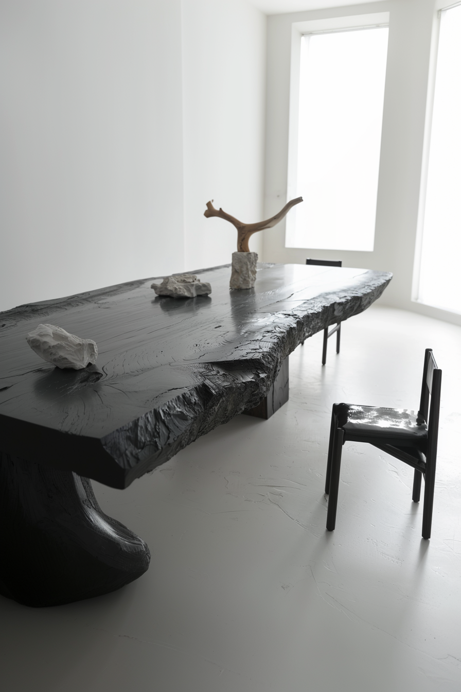 A minimalist room with a large, textured black table, a unique wooden sculpture, a black chair, and a bright window.