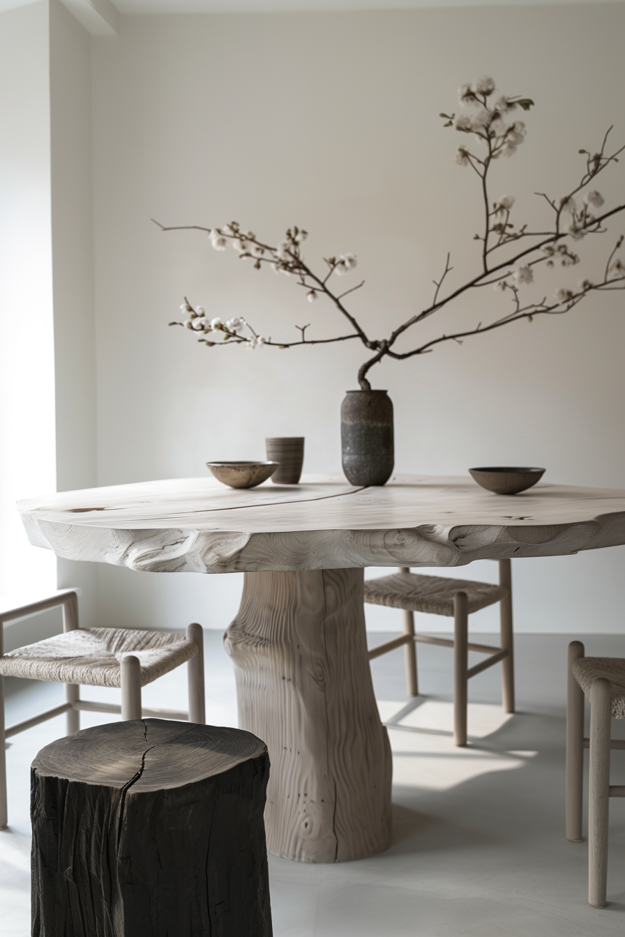 ALT Text: "A minimalist dining room with a rustic wooden table, unique stump base, matching chairs, a ceramic vase, and a blooming branch centerpiece."