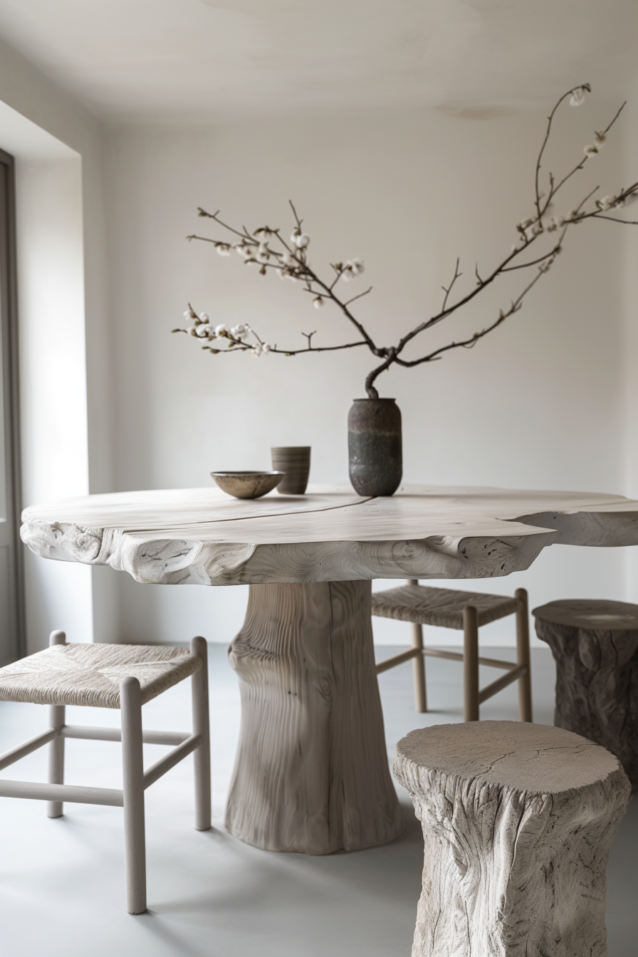 ALT text: "A minimalist dining area with a unique wooden table and stools set against a neutral backdrop, highlighted by a vase with branches."