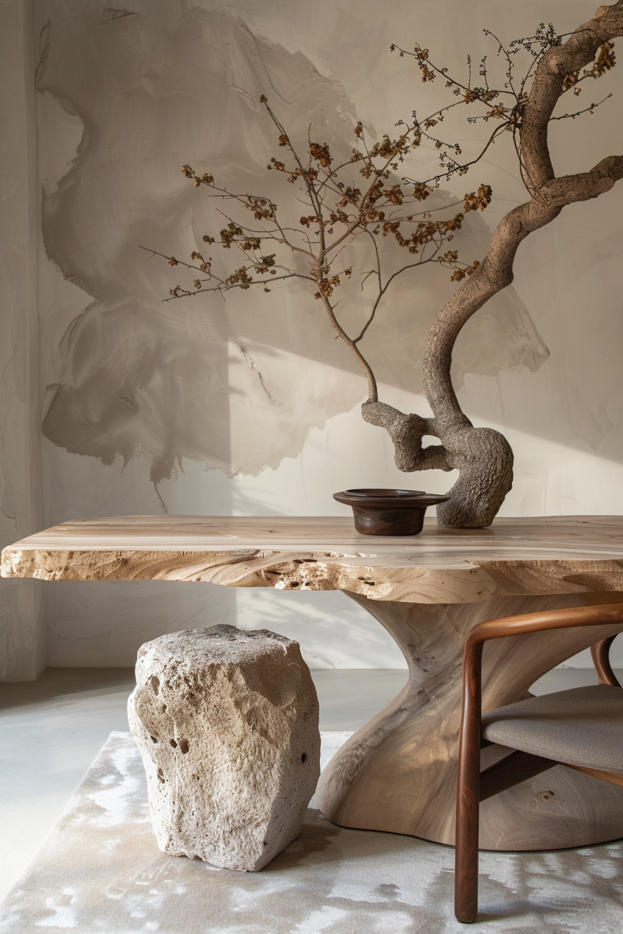 ALT: A natural-edged wooden table with a sinuous tree branch and bowl on top, complemented by a rough stone stool and textured wall.