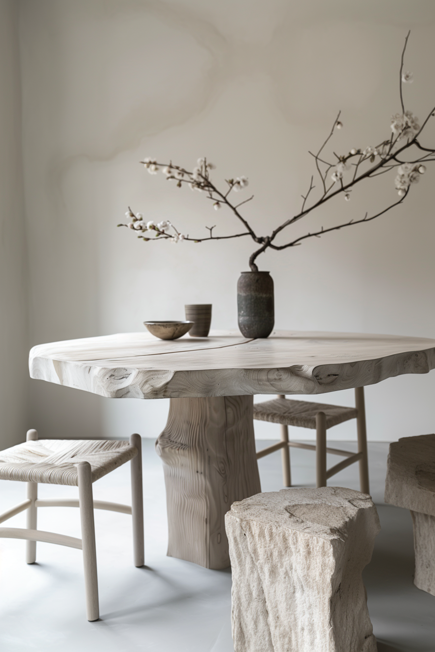 Rustic wooden dining table with a textured vase and cherry blossoms on top, accompanied by wooden stools on a neutral backdrop.