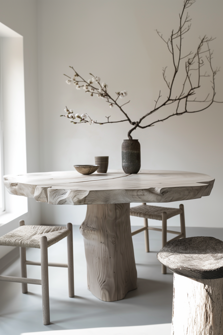A minimalist dining setting with a rustic wooden table, unique chairs, and a vase with branches set against a neutral backdrop.