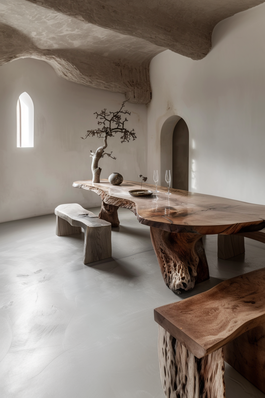 A rustic wooden table with natural edges and glassware on it, flanked by wooden benches, in a room with white curvy walls and a small window.