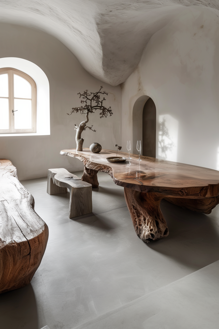 A minimalist room with rustic wooden tables and benches, arched white walls, a window, and subtle decor elements.