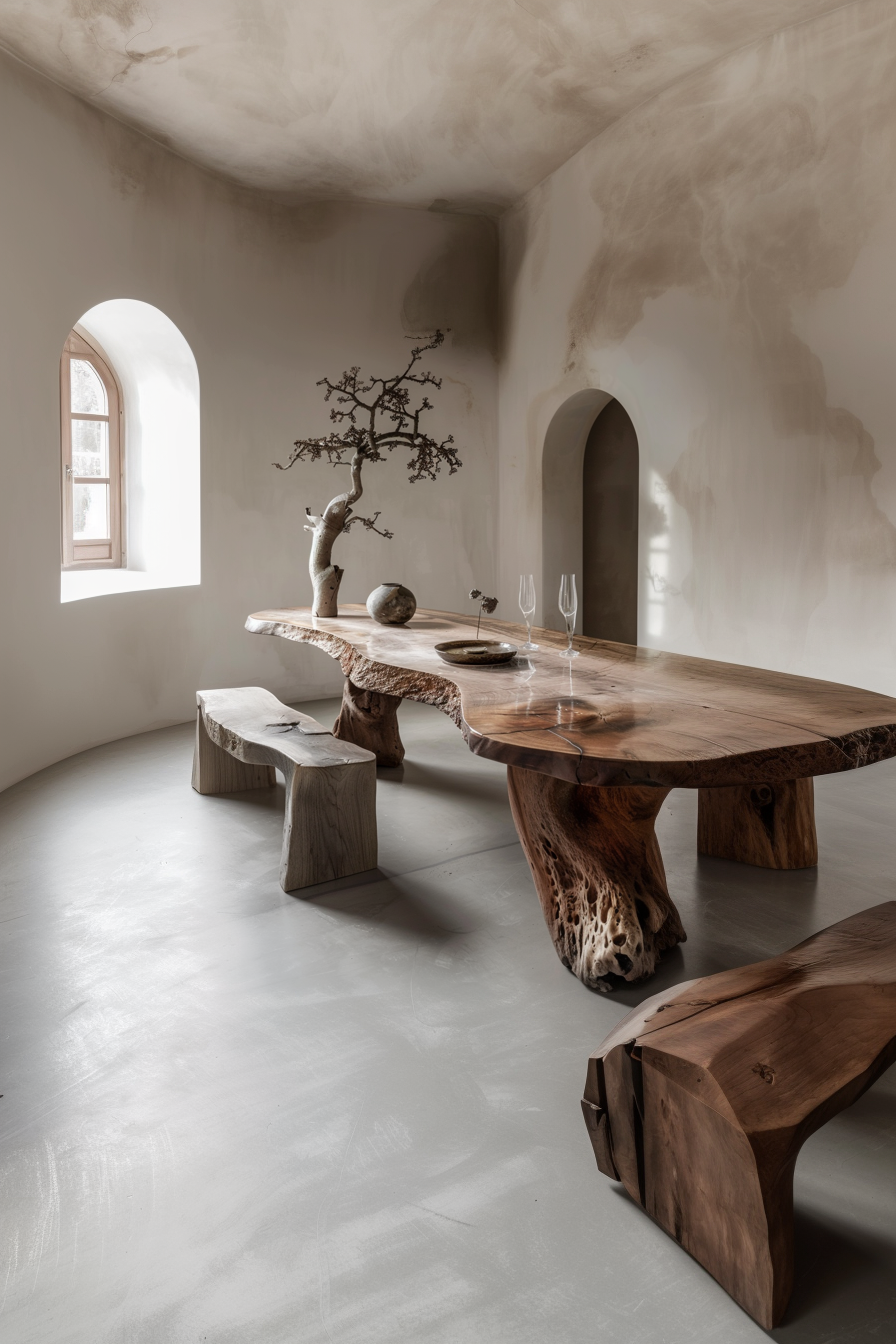 Rustic wooden table with matching benches in a minimalist room with white walls and a concrete floor.