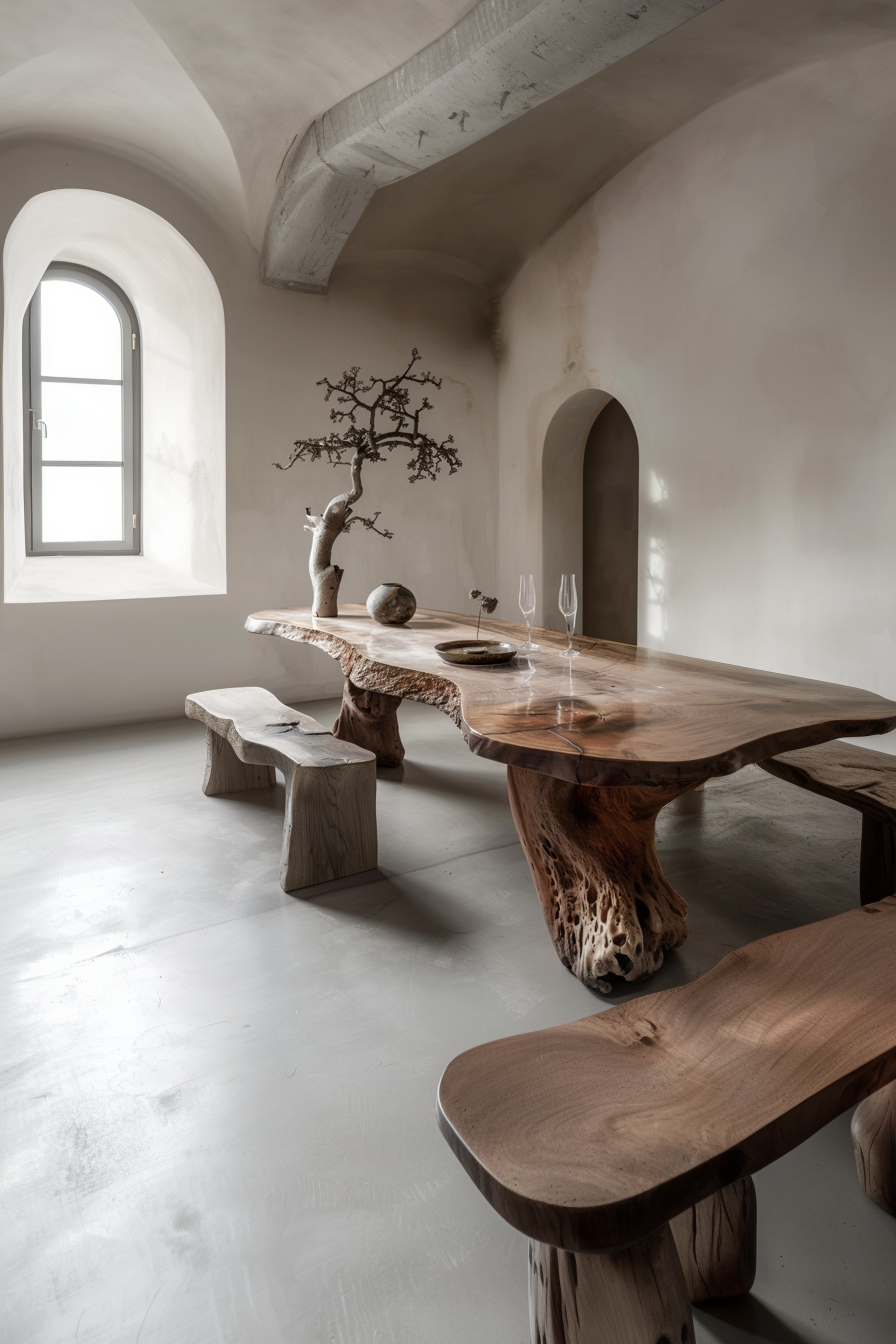 A minimalist room with a live-edge wooden table, matching benches, and a dried tree sculpture, accentuated by a single arched window.