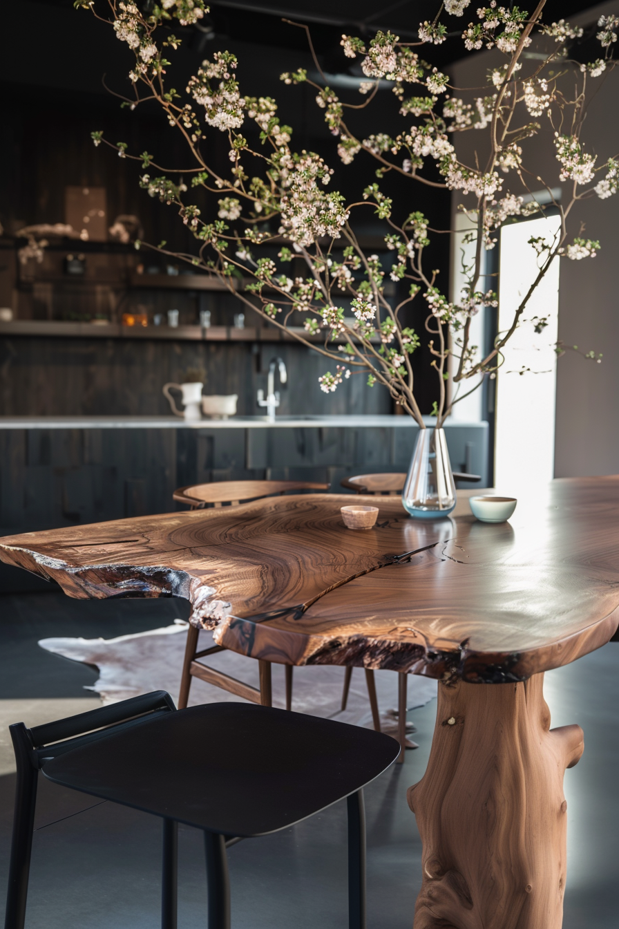 A natural edge wooden table with blossoming branches in a vase, paired with a modern black chair, in a stylish dark-toned kitchen.