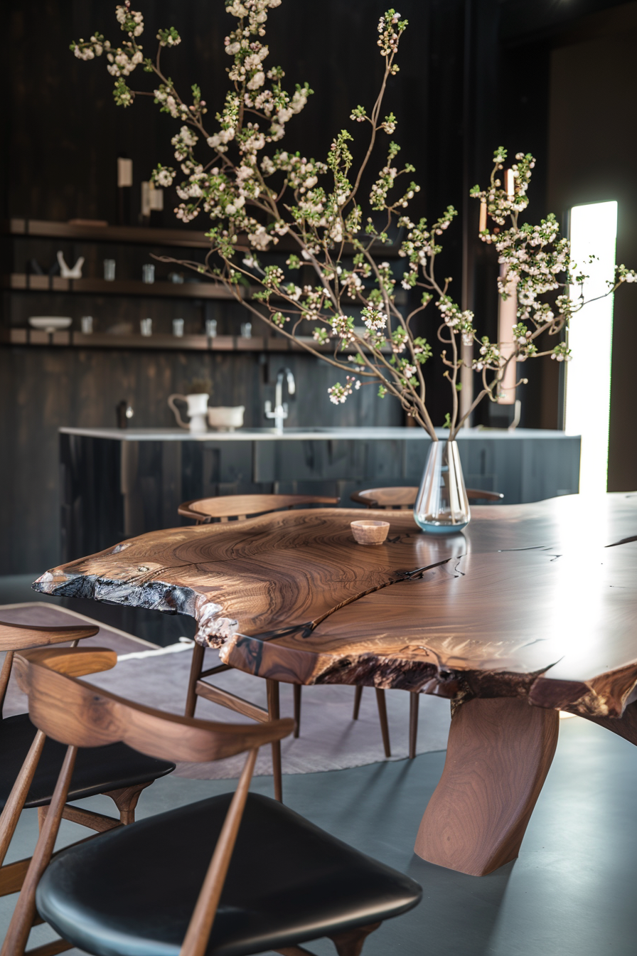 ALT: An elegant dining area featuring a live-edge wooden table with blooming cherry blossoms in a vase, surrounded by modern chairs.