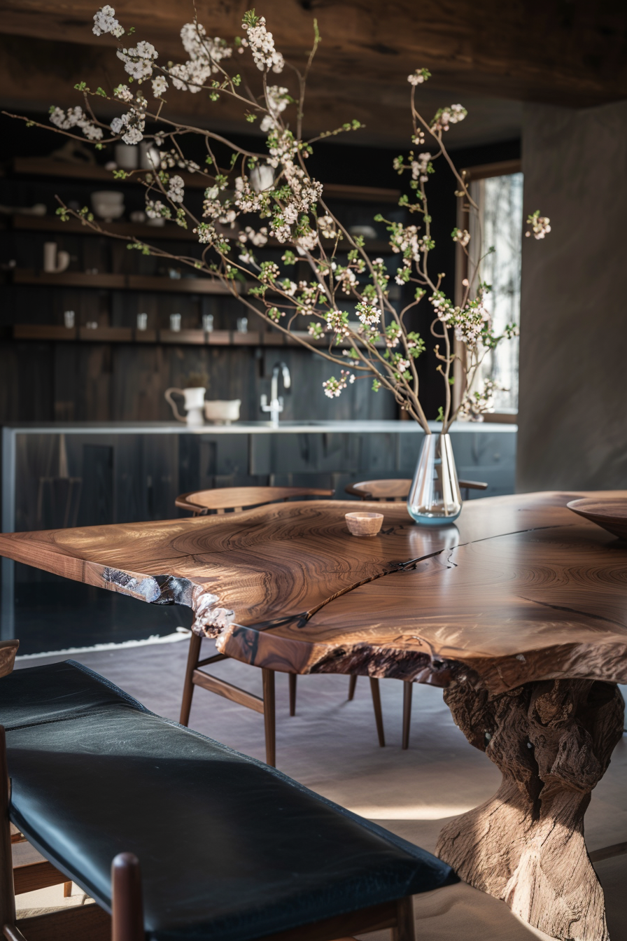 An elegant, natural-edge wooden table with a vase of cherry blossoms, surrounded by modern chairs in a stylish interior.