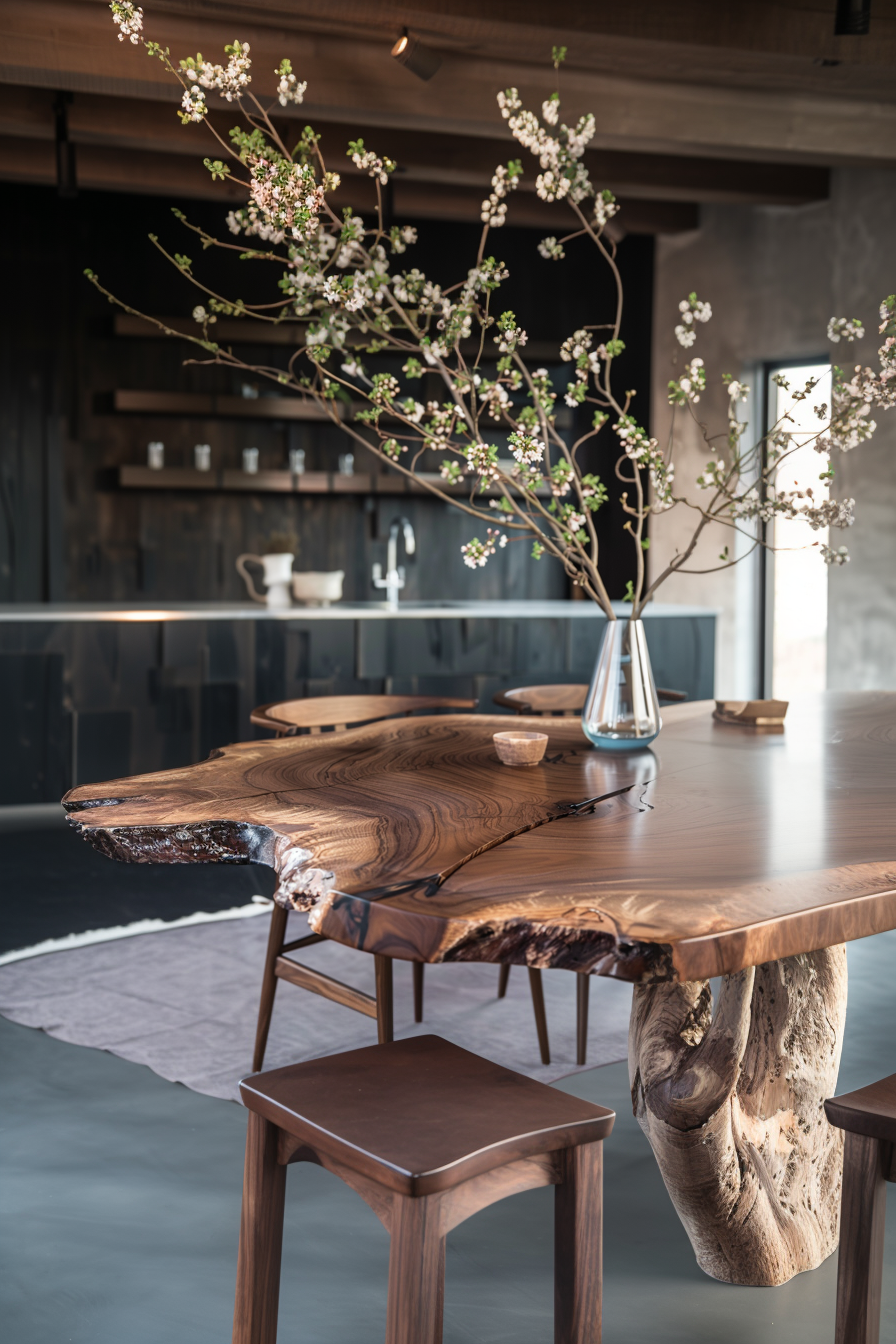 A stylish interior with a live-edge wooden table adorned with a vase of blooming branches, surrounded by matching wooden stools.