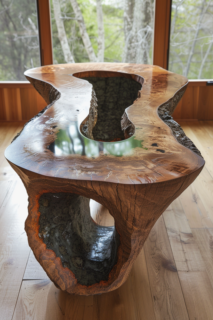 ALT: A unique wooden table with a glossy finish and natural holes, set against a window with a view of trees in the background.