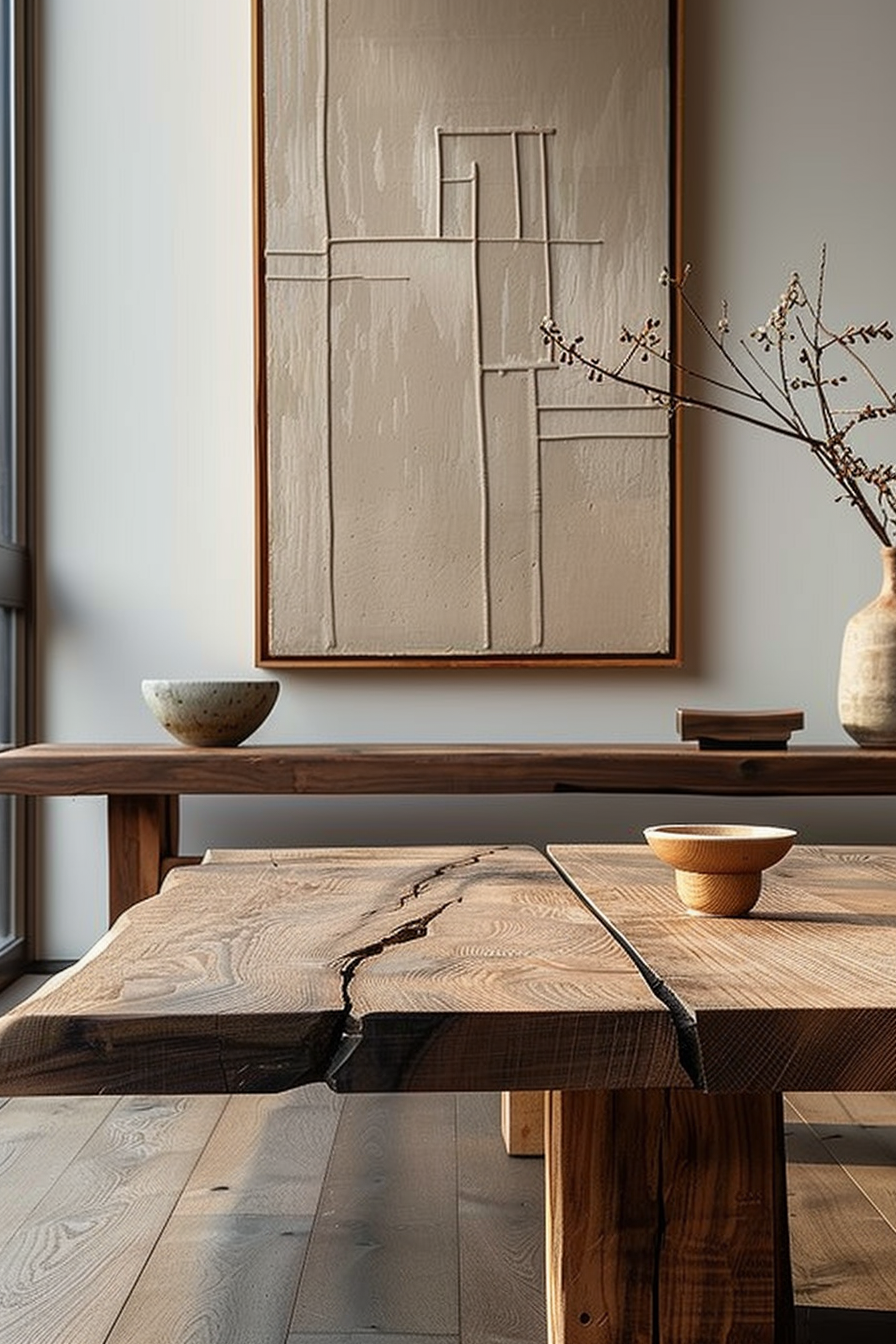 A serene interior space featuring a textured artwork above a wooden bench with a split-wood table, accompanied by pottery and a branch.