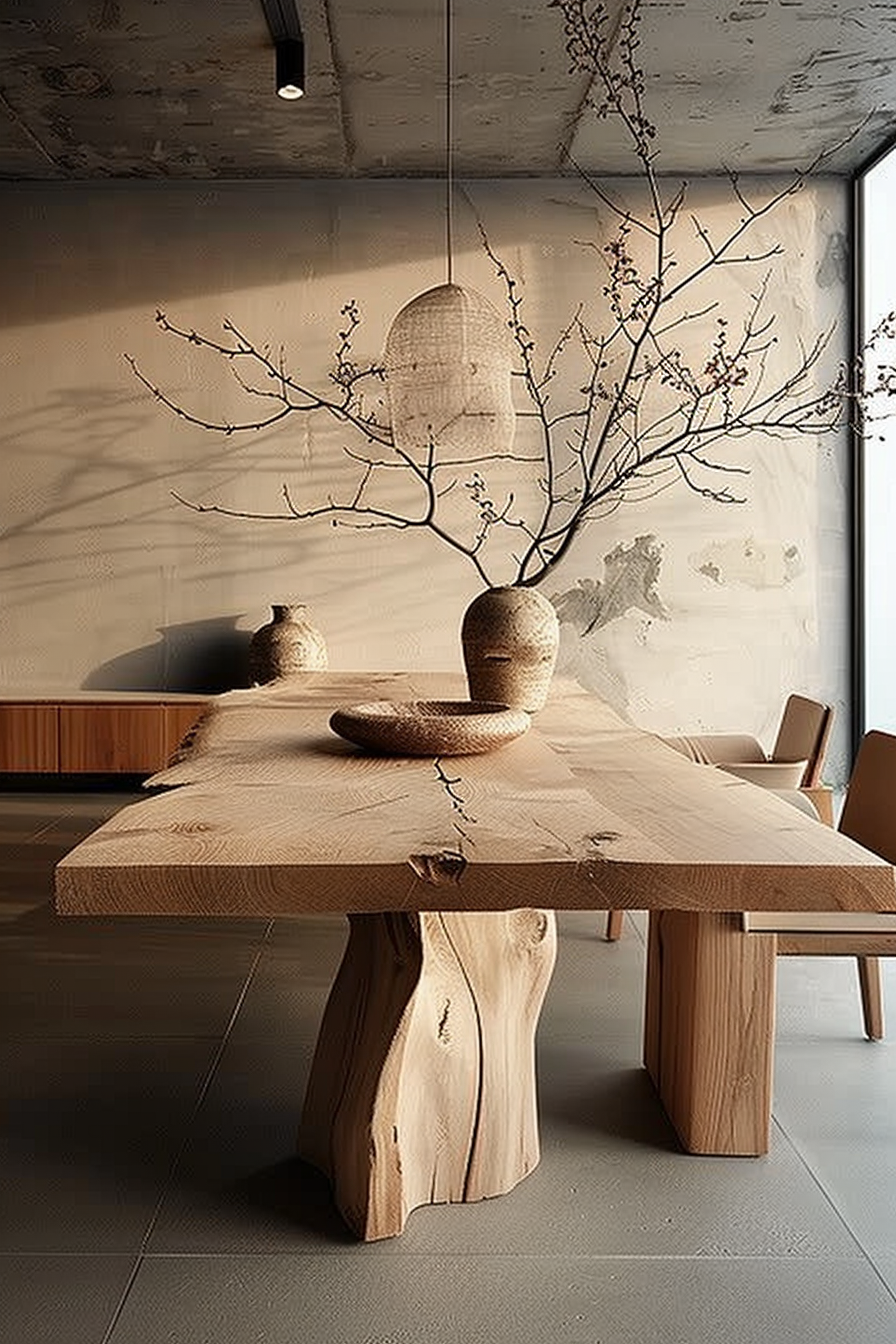 A modern dining room featuring a rustic wooden table with a tree branch centerpiece and minimalist decor.