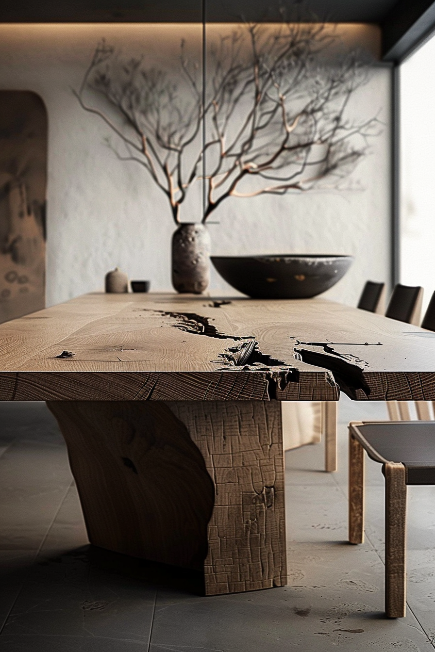 A modern dining room with a rustic wooden table featuring a unique cracked design, accompanied by sleek chairs and a branch centerpiece.