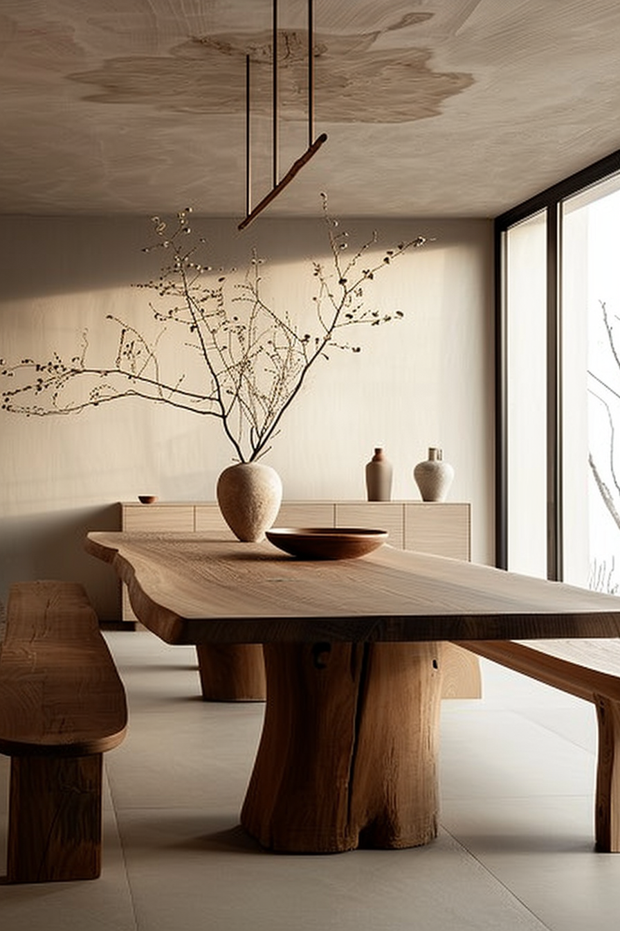 Modern dining room with a wooden table and benches, minimalist pottery decor, and a hanging linear light fixture.