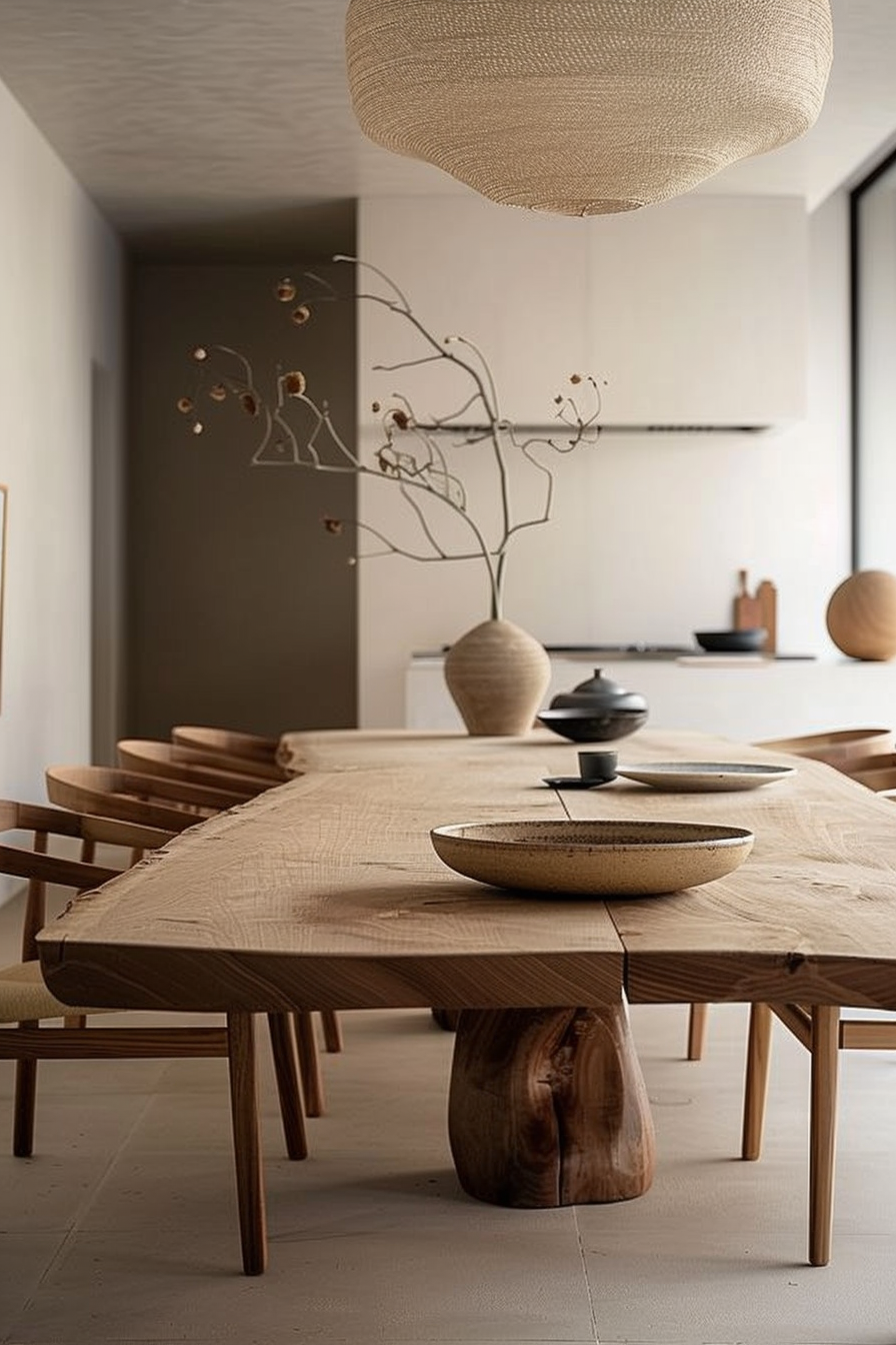 Modern minimalist dining room with a textured wooden table, matching chairs, and a large woven pendant light. Decor includes a branch in a vase.