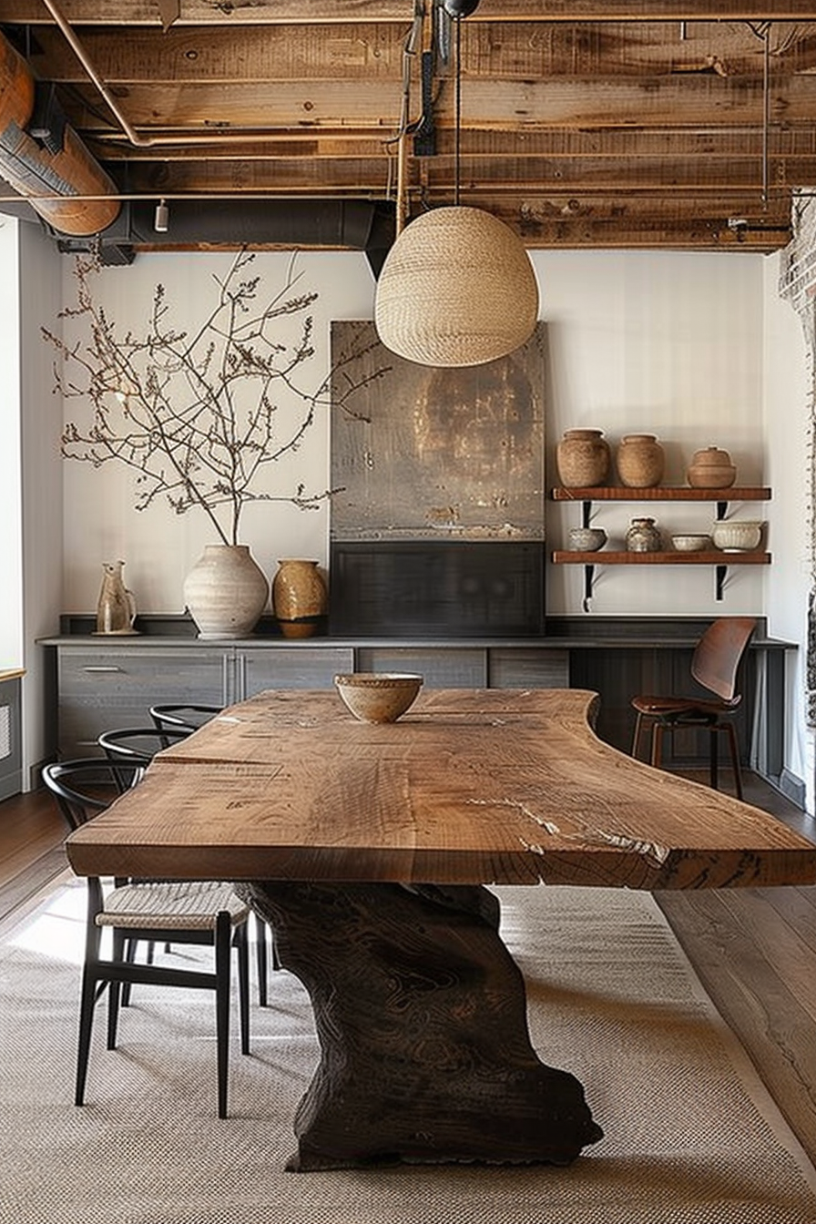 ALT: Rustic dining room with a thick wooden table, industrial ceiling, black chairs, wicker pendant light, and shelves with pottery.