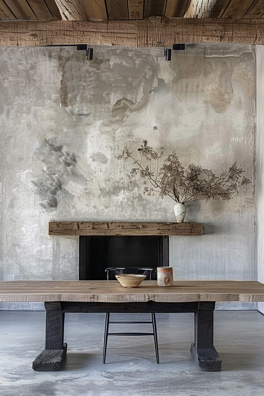 Rustic minimalist interior with textured walls, a large wooden table, weathered bench, and delicate dried plant arrangement.