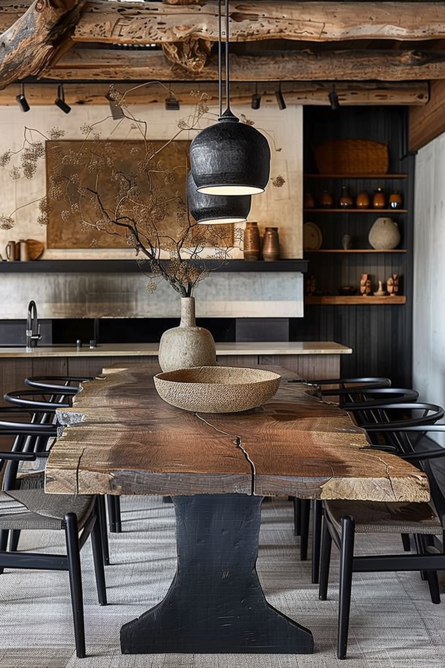 Rustic dining room with a natural-edge wooden table, modern black chairs, and a single pendant light hanging above.