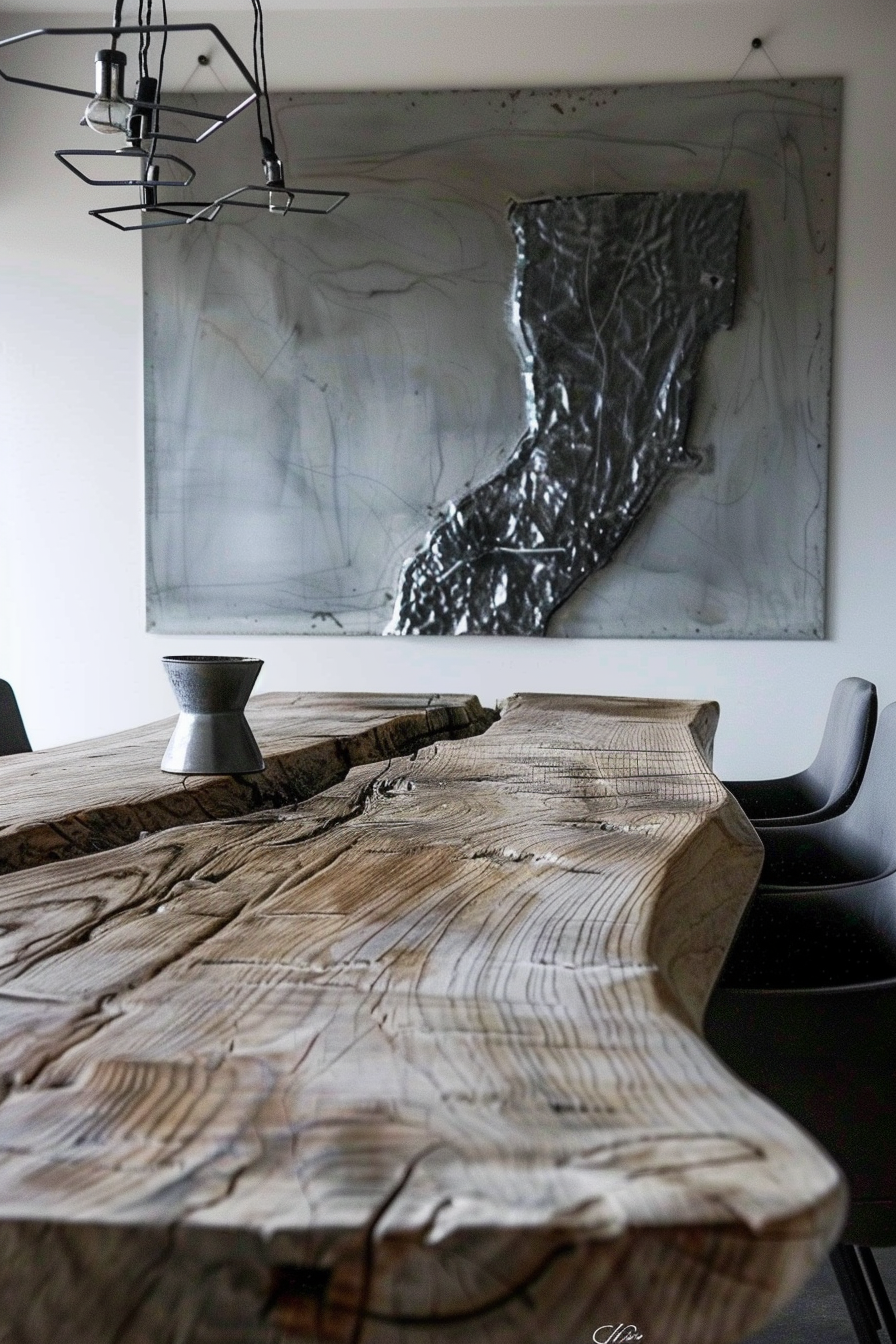 A rustic wooden dining table with unique edges, a modern chair, and an abstract artwork hanging on the wall behind it.