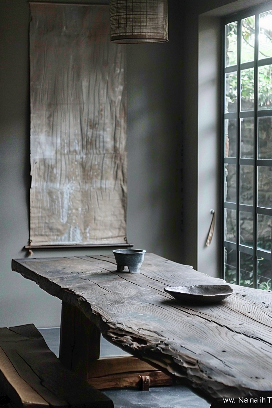 Rustic wooden table with a bowl and a plate in a room with a hanging lamp, near a window with translucent curtains.