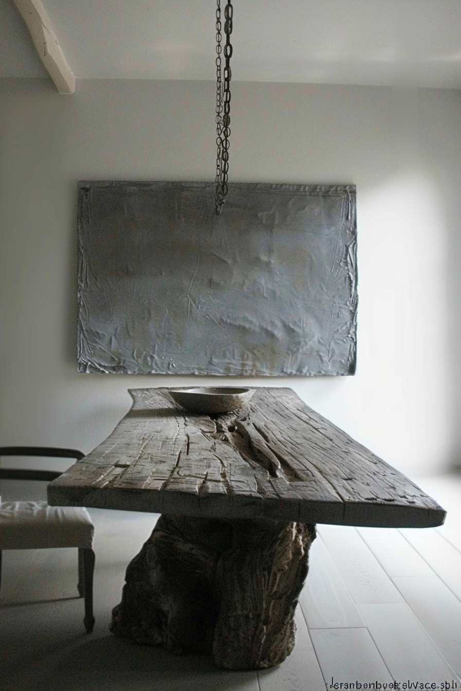 A minimalist dining room with an abstract painting above a rustic wooden table supported by a tree trunk, with a bowl on top.