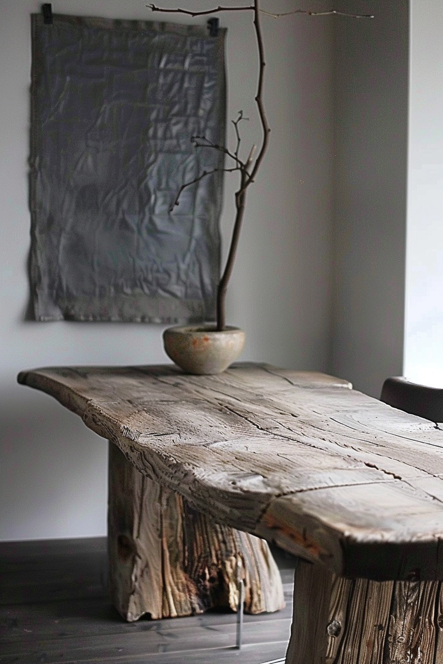 Rustic wooden table with a textured surface, a simple bowl, and a bare branch, against a backdrop of a draped grey fabric.