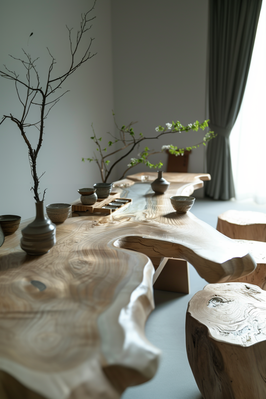 ALT: A modern dining area with a stylish wooden table with natural edges, accompanied by ceramic dishware and decorative branches.