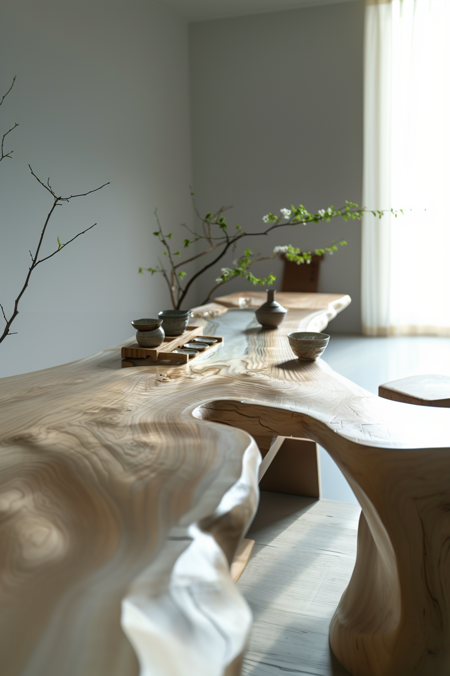 A serene room with natural light featuring a wooden table with unique curves and craftsmanship, decorated with pottery and branches.