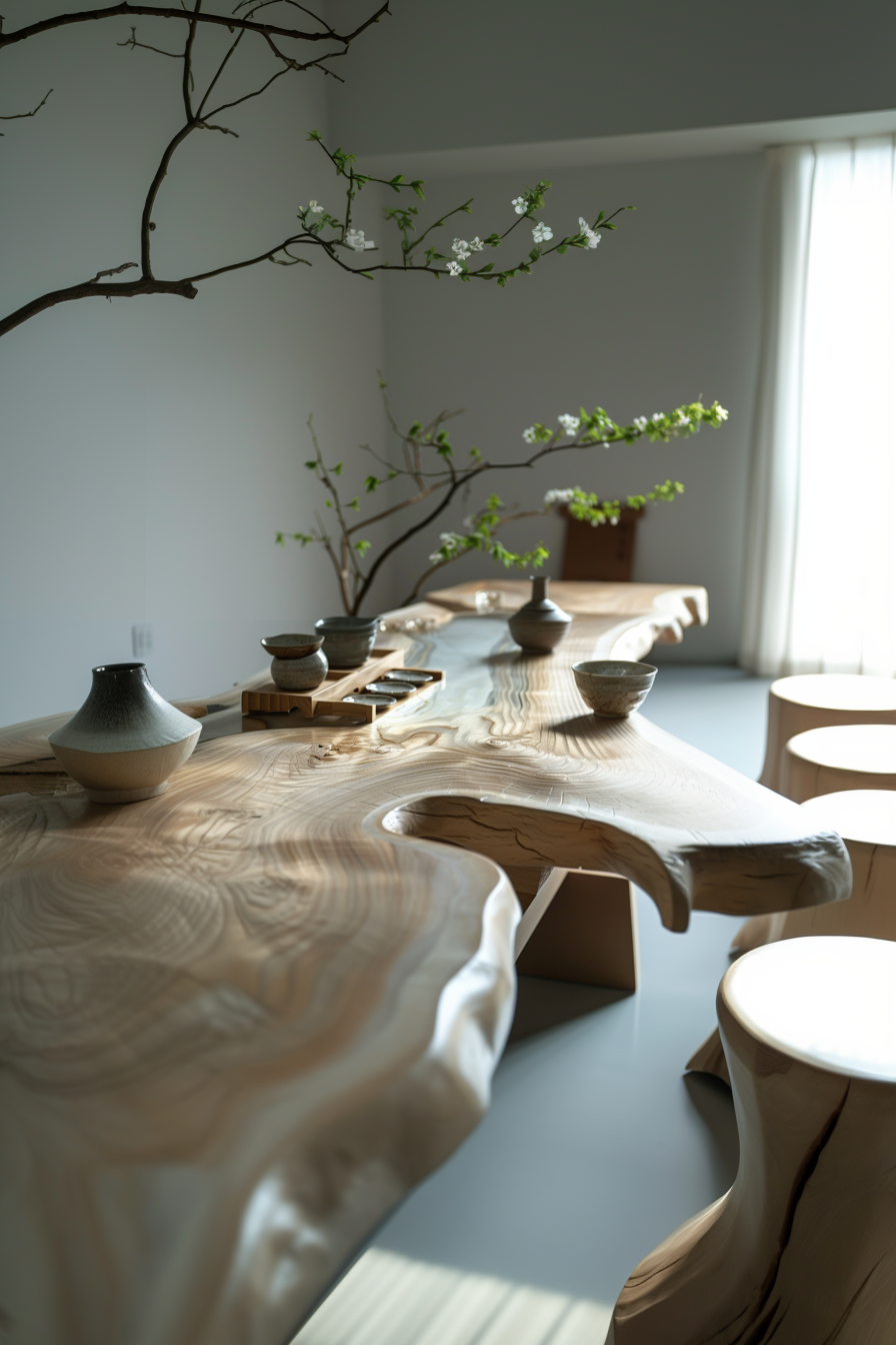 Alt: A natural wooden table with intricate grain patterns set with ceramic tea ware, accompanied by blossoming branches, in a serene room.
