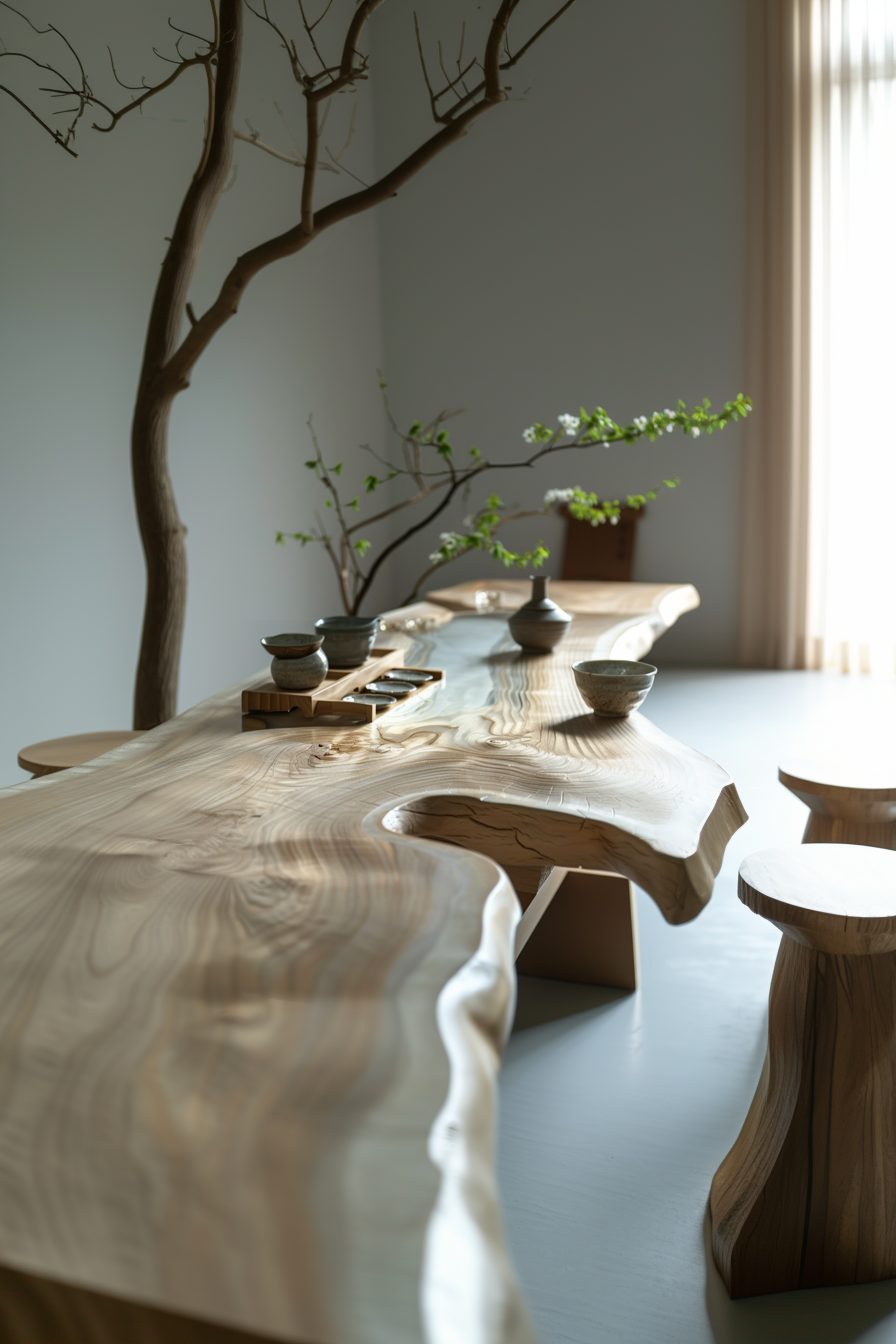 Alt text: Elegantly crafted wooden table with natural edges, accompanied by small stools and Asian-style ceramic tea set, bathed in soft daylight.